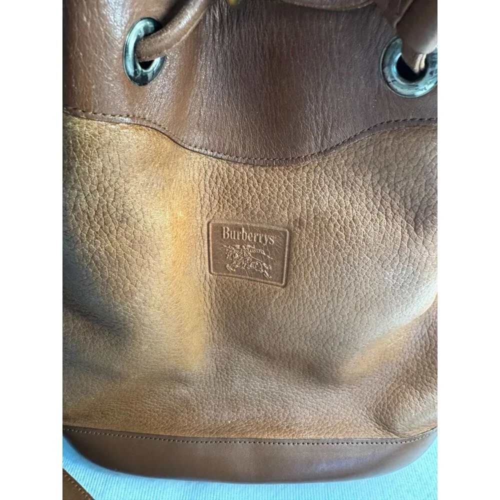 BURBERRYS Brown Leather Drawstring Bucket Bag COA Nova Check Haystack Lining VTG - Picture 2 of 14